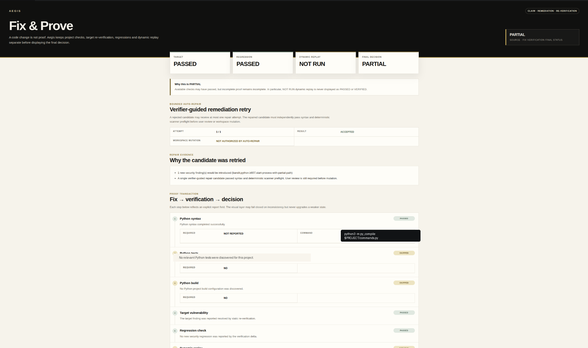 Aegis Fix and Prove verification interface